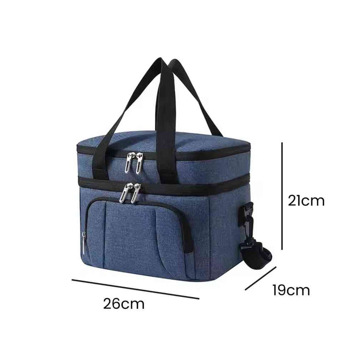 Bolsa Térmica Grande para Marmita com Duplo Compartimento 10L Urbanno azul, exibindo suas dimensões de 26cm de comprimento, 19cm de largura e 21cm de altura, ideal para organizar refeições urbanno