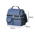 Bolsa Térmica Grande para Marmita com Duplo Compartimento 10L Urbanno azul, exibindo suas dimensões de 23cm de comprimento, 16cm de largura e 25cm de altura, ideal para organizar refeições urbanno
