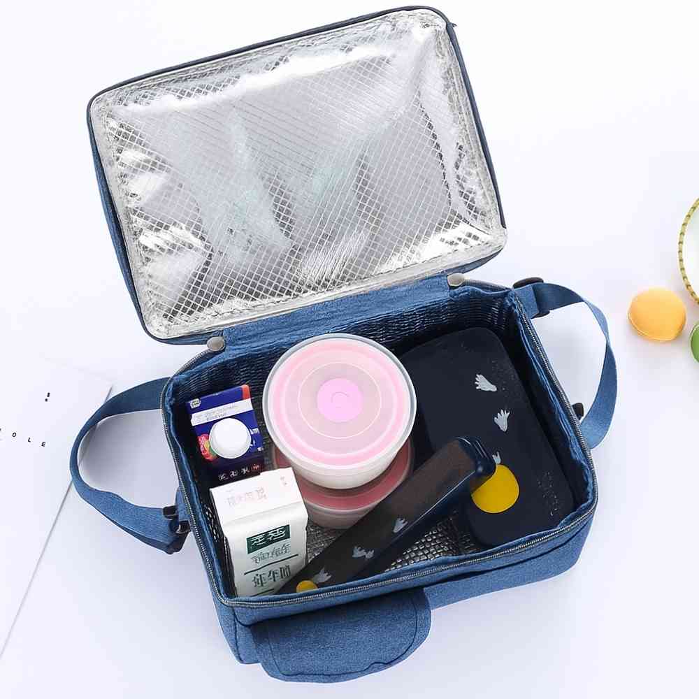  Bolsa Térmica Grande para Marmita com Duplo Compartimento 10L Urbanno azul, aberta mostrando o interior cheio com potes de marmita, caixas de leite e outros itens, destacando a capacidade e organização urbanno