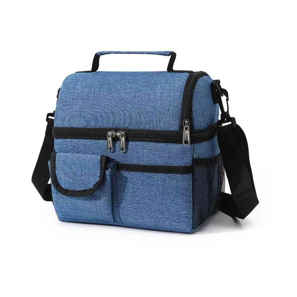 Bolsa Térmica Grande para Marmita com Duplo Compartimento 10L Urbanno azul, vista lateral mostrando a abertura diferenciada do compartimento superior e os bolsos laterais, ideal para praticidade no dia a dia urbanno