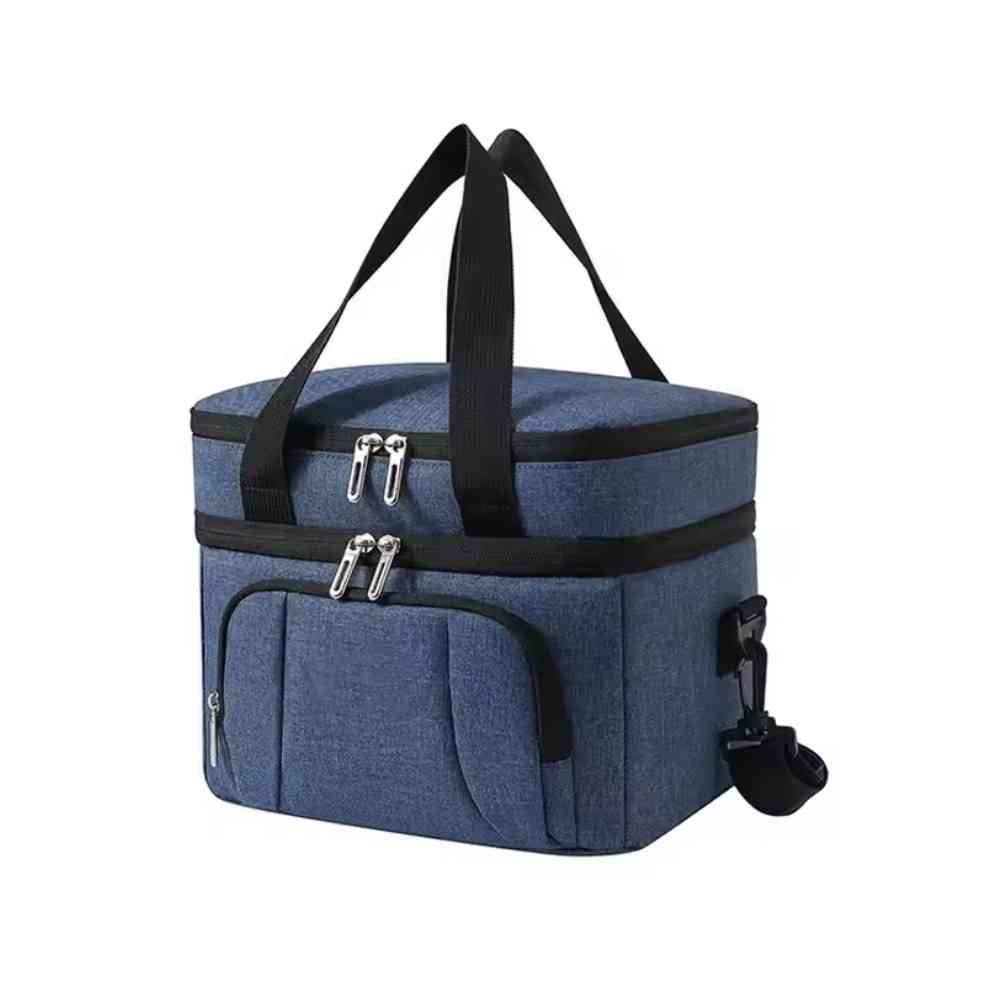  Bolsa Térmica Grande para Marmita com Duplo Compartimento 10L Urbanno azul, vista frontal, destacando os dois níveis separados e alças de mão, ideal para refeições completas urbanno