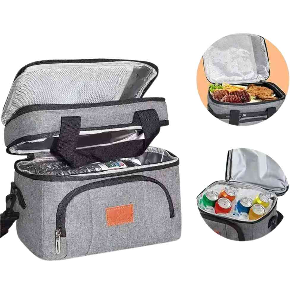 Bolsa Térmica Grande para Marmita com Duplo Compartimento 10L Urbanno cinza, aberta mostrando refeição completa no compartimento superior e latas de bebida no inferior, destacando versatilidade para diferentes tipos de alimentos urbanno