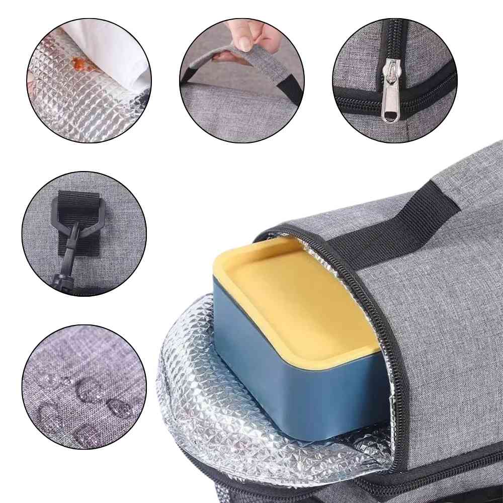 Bolsa Térmica Grande para Marmita com Duplo Compartimento 10L Urbanno cinza, com close-ups da abertura lateral do zíper superior, da alça de transporte, do material interno térmico e do tecido externo resistente, enfatizando os detalhes de qualidade urbanno