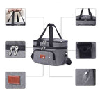 Bolsa Térmica Grande para Marmita com Duplo Compartimento 10L Urbanno cinza, mostrando detalhes ampliados das alças, zíperes, logo da marca, bolso lateral e fivela de ajuste, destacando suas funcionalidades urbanno