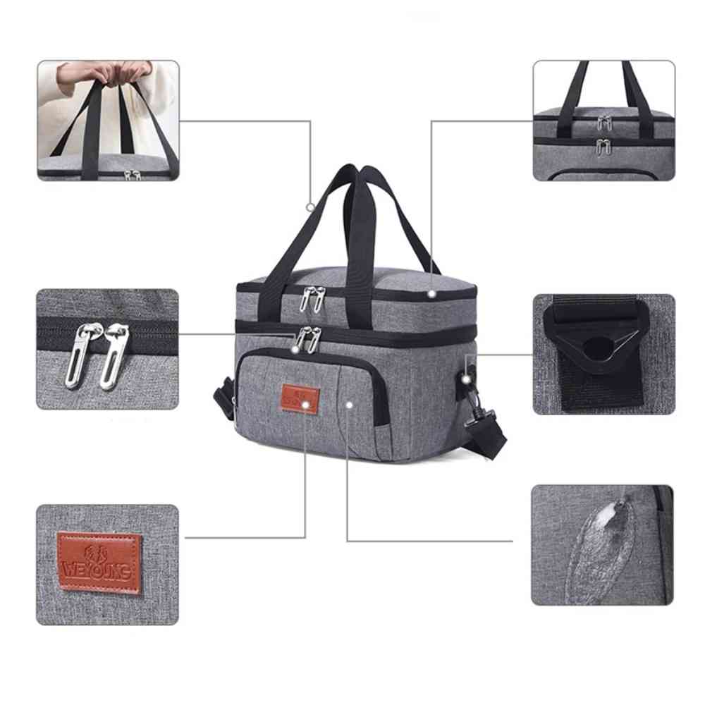 Bolsa Térmica Grande para Marmita com Duplo Compartimento 10L Urbanno cinza, mostrando detalhes ampliados das alças, zíperes, logo da marca, bolso lateral e fivela de ajuste, destacando suas funcionalidades urbanno