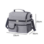 Bolsa Térmica Grande para Marmita com Duplo Compartimento 10L Urbanno cinza, exibindo suas dimensões de 23cm de comprimento, 16cm de largura e 25cm de altura, ideal para organizar refeições urbanno