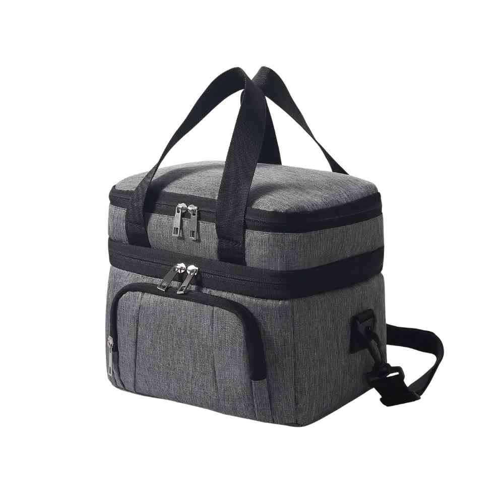 Bolsa Térmica Grande para Marmita com Duplo Compartimento 10L Urbanno cinza, vista frontal, destacando os dois níveis separados e alças de mão, ideal para refeições completas urbanno