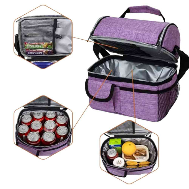 Bolsa Térmica Grande para Marmita com Duplo Compartimento 10L Urbanno lilás, aberta mostrando a organização interna: superior com lanches e rede, inferior com latas e recipientes, destacando a grande capacidade e versatilidade urbanno