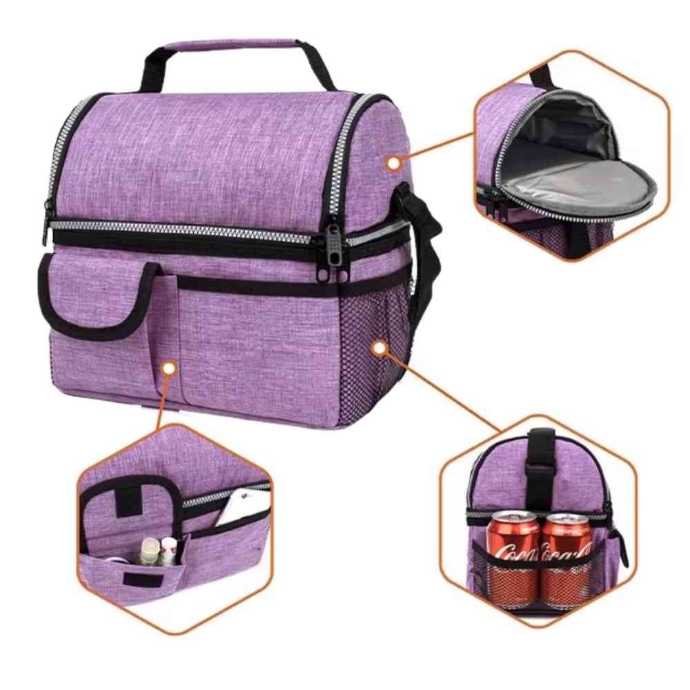Bolsa Térmica Grande para Marmita com Duplo Compartimento 10L Urbanno lilás, mostrando detalhes do compartimento superior, bolsos externos e internos com itens como celular e latas, destacando organização e acesso fácil urbanno