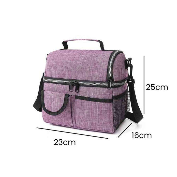  Bolsa Térmica Grande para Marmita com Duplo Compartimento 10L Urbanno lilás, exibindo suas dimensões de 23cm de comprimento, 16cm de largura e 25cm de altura, ideal para organizar refeições urbanno
