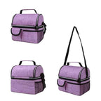 Bolsa Térmica Grande para Marmita com Duplo Compartimento 10L Urbanno lilás, exibindo múltiplas vistas: frontal, lateral, superior, e com alça de ombro, destacando seu design e compartimentos urbanno