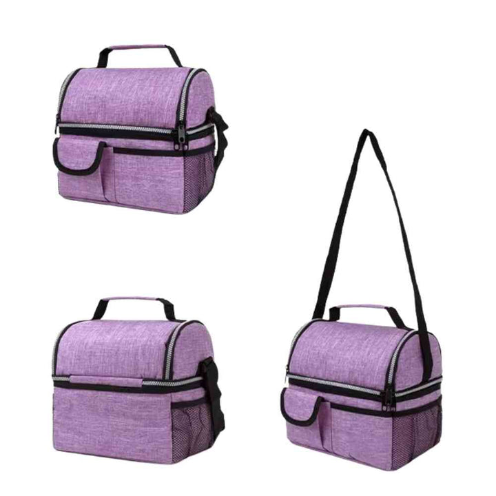 Bolsa Térmica Grande para Marmita com Duplo Compartimento 10L Urbanno lilás, exibindo múltiplas vistas: frontal, lateral, superior, e com alça de ombro, destacando seu design e compartimentos urbanno