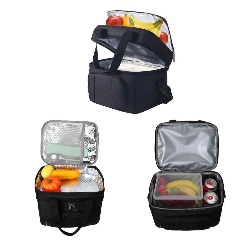 Bolsa Térmica Grande para Marmita com Duplo Compartimento 10L Urbanno preta, mostrando a capacidade de organização com alimentos e bebidas em diferentes ângulos dos compartimentos superior e inferior, ideal para refeições completas urbanno