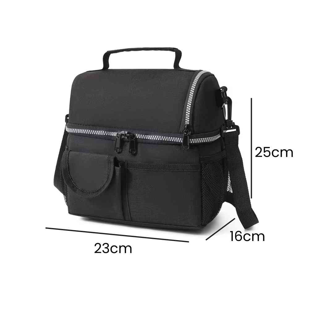 Bolsa Térmica Grande para Marmita com Duplo Compartimento 10L Urbanno preta, exibindo suas dimensões de 23cm de comprimento, 16cm de largura e 25cm de altura, ideal para organizar refeições urbanno