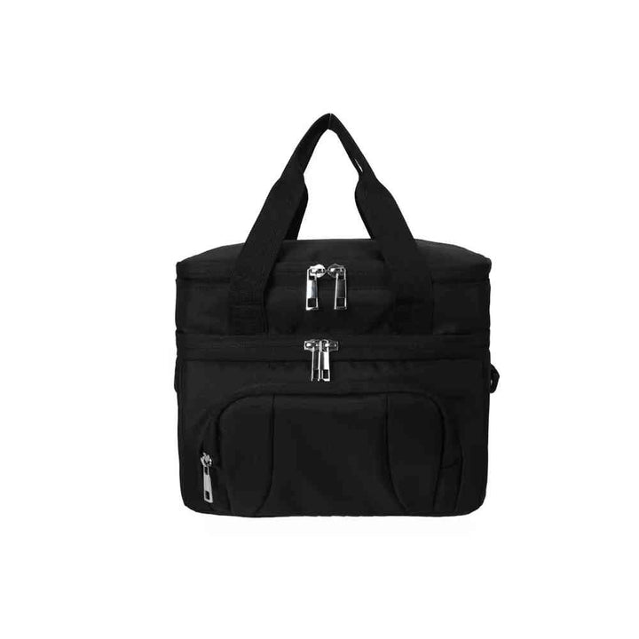 Bolsa Térmica Grande para Marmita com Duplo Compartimento 10L Urbanno preta, vista frontal fechada, com seus dois níveis de zíperes e bolsos frontais, destacando o design compacto e funcional urbanno