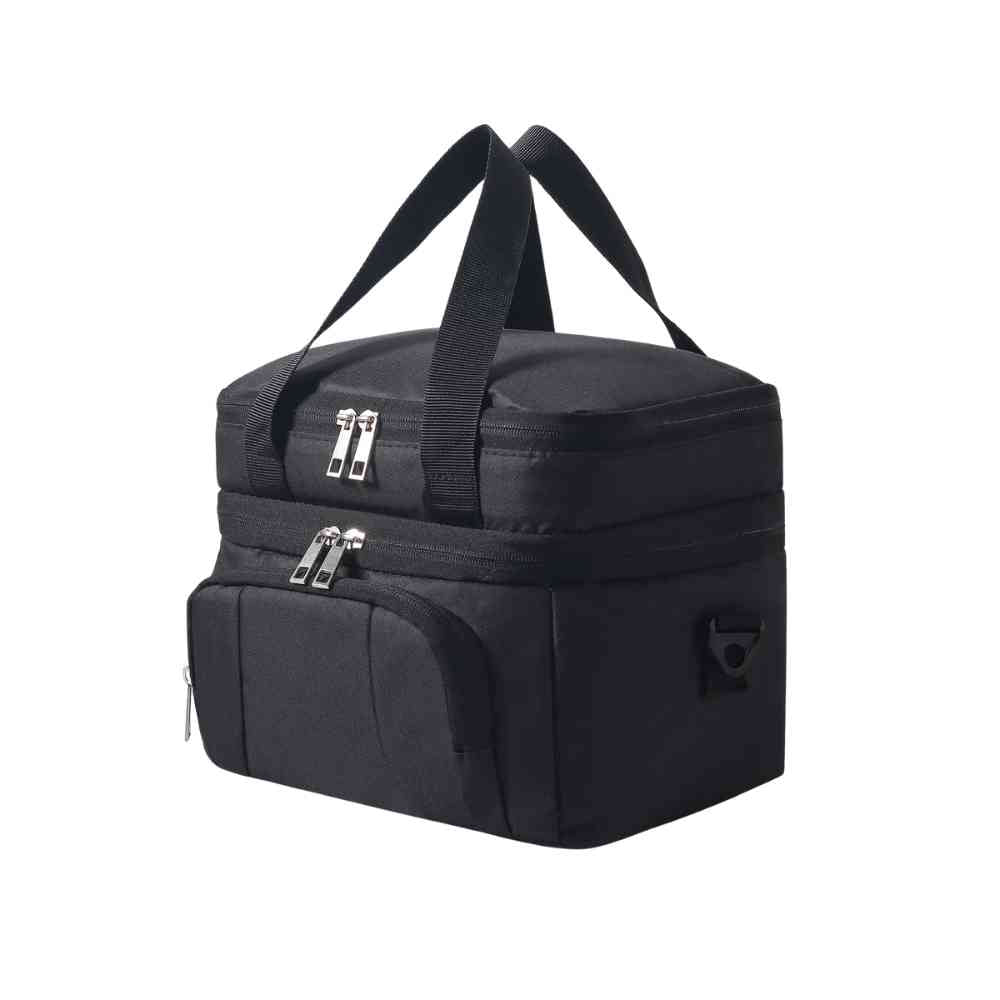 Bolsa Térmica Grande para Marmita com Duplo Compartimento 10L Urbanno preta, vista frontal, destacando os dois níveis separados e alças de mão, ideal para refeições completas urbanno