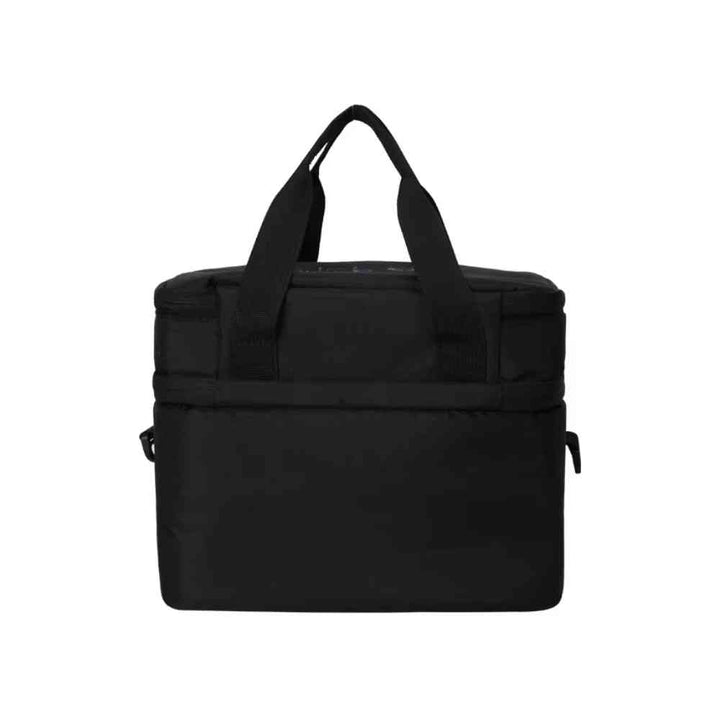  Bolsa Térmica Grande para Marmita com Duplo Compartimento 10L Urbanno preta, vista traseira, mostrando a superfície lisa do compartimento inferior e as alças superiores, ideal para transporte discreto urbanno