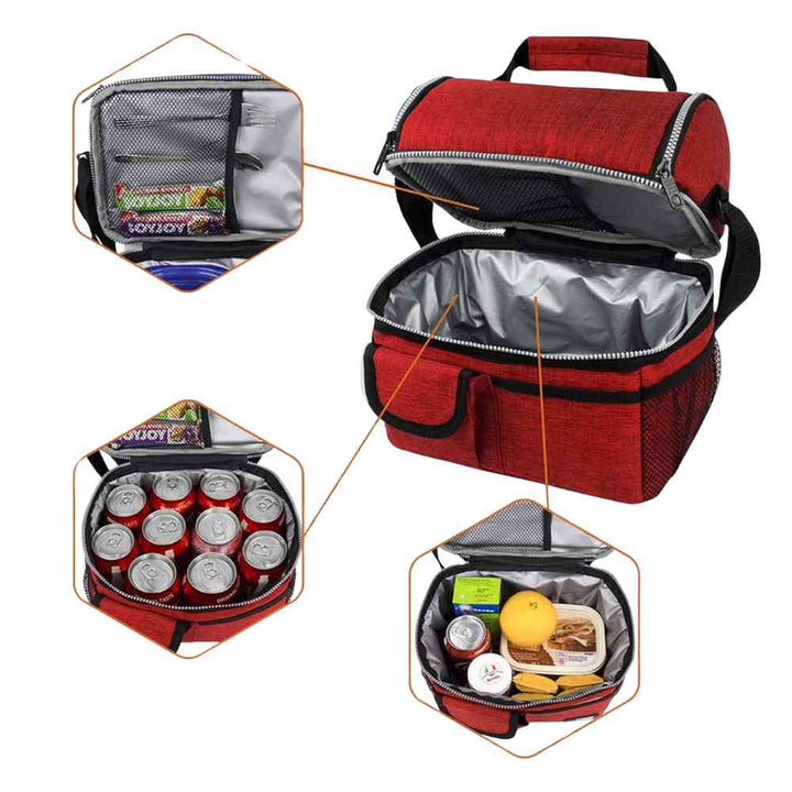 Bolsa Térmica Grande para Marmita com Duplo Compartimento 10L Urbanno vermelha, aberta mostrando a organização interna: superior com rede para lanches, inferior com latas e recipientes, destacando a grande capacidade e versatilidade urbanno