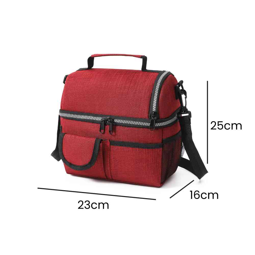 Bolsa Térmica Grande para Marmita com Duplo Compartimento 10L Urbanno vermelha, exibindo suas dimensões de 23cm de comprimento, 16cm de largura e 25cm de altura, ideal para organizar refeições urbanno