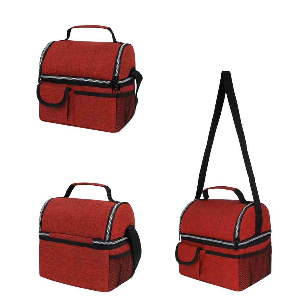 Bolsa Térmica Grande para Marmita com Duplo Compartimento 10L Urbanno vermelha, exibindo múltiplas vistas: frontal, lateral com bolso de rede, e com alça de ombro estendida, destacando seu design e versatilidade urbanno