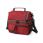 Bolsa Térmica Grande para Marmita com Duplo Compartimento 10L Urbanno vermelha, vista frontal, destacando os dois níveis separados, alças de mão e alça de ombro, ideal para refeições completas urbanno