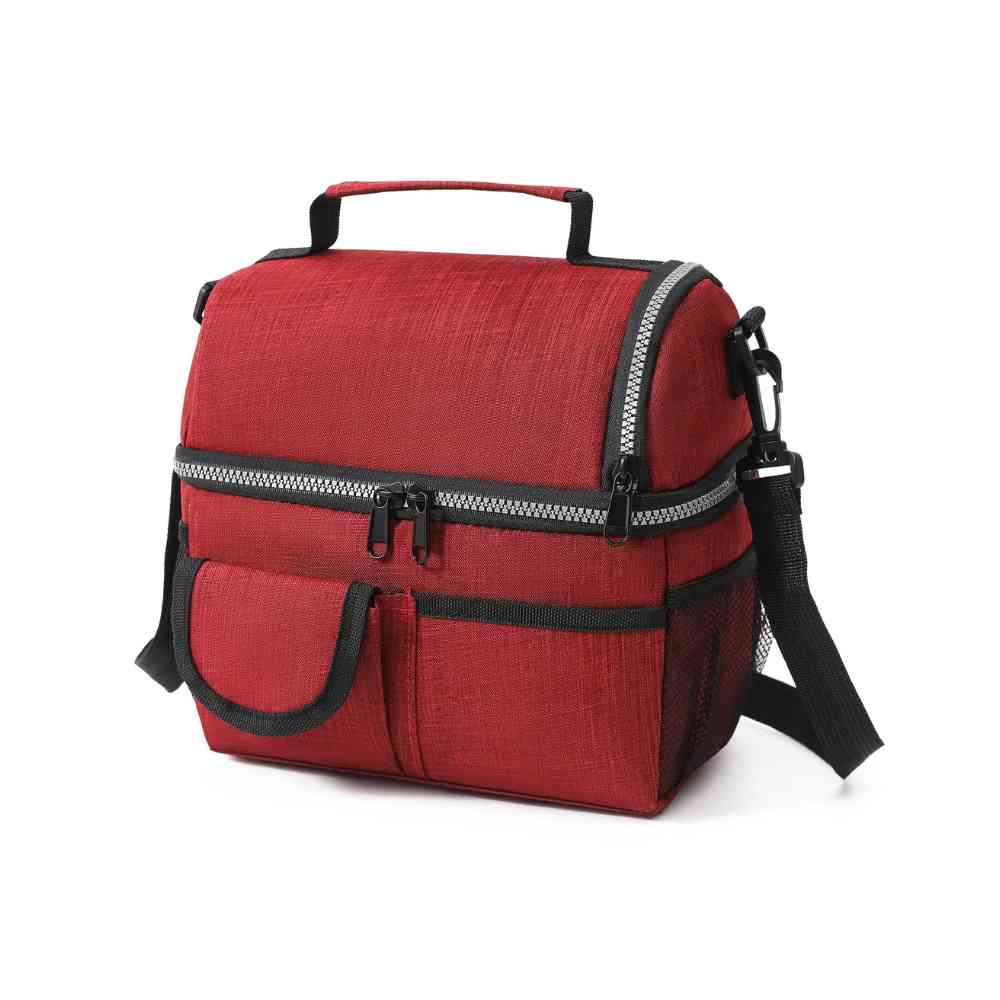 Bolsa Térmica Grande para Marmita com Duplo Compartimento 10L Urbanno vermelha, vista frontal, destacando os dois níveis separados, alças de mão e alça de ombro, ideal para refeições completas urbanno