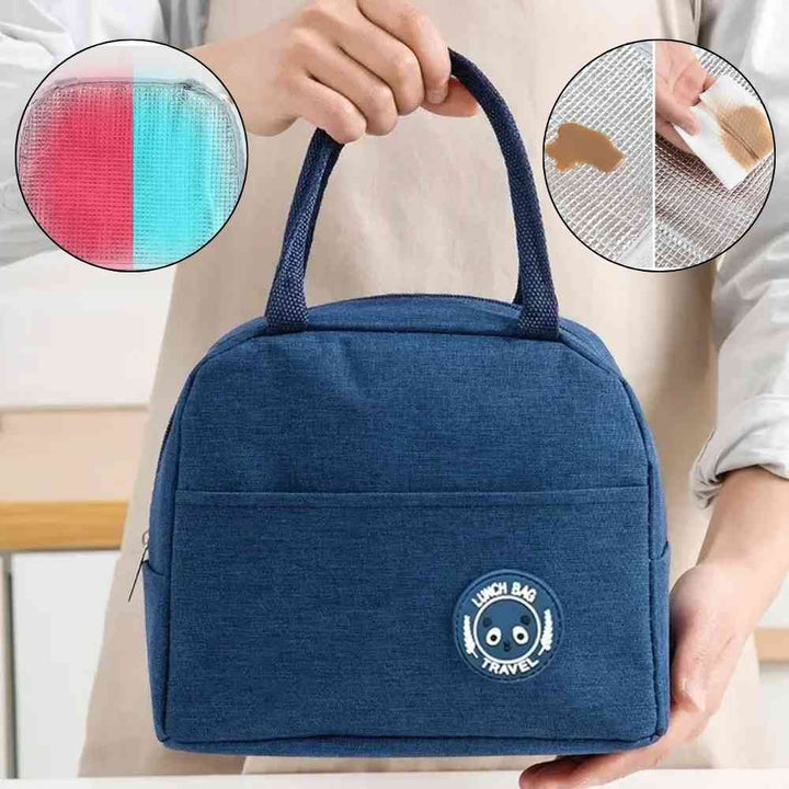 Bolsa Térmica para Marmitas e Dietas Urbanno azul, mostrando detalhes do revestimento interno colorido, facilidade de limpeza e isolamento térmico
