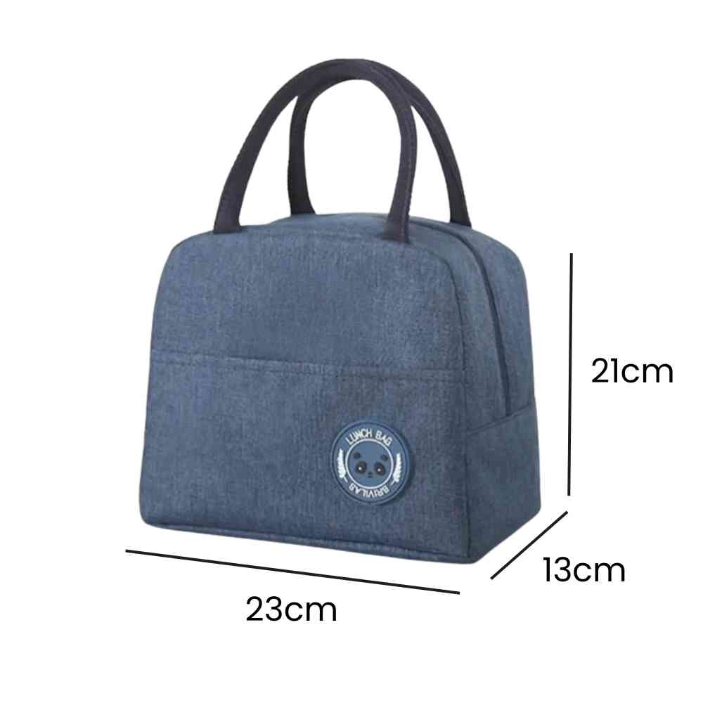 Bolsa Térmica para Marmitas e Dietas Urbanno azul, exibindo suas dimensões de 23x13x21cm para refeições diárias
