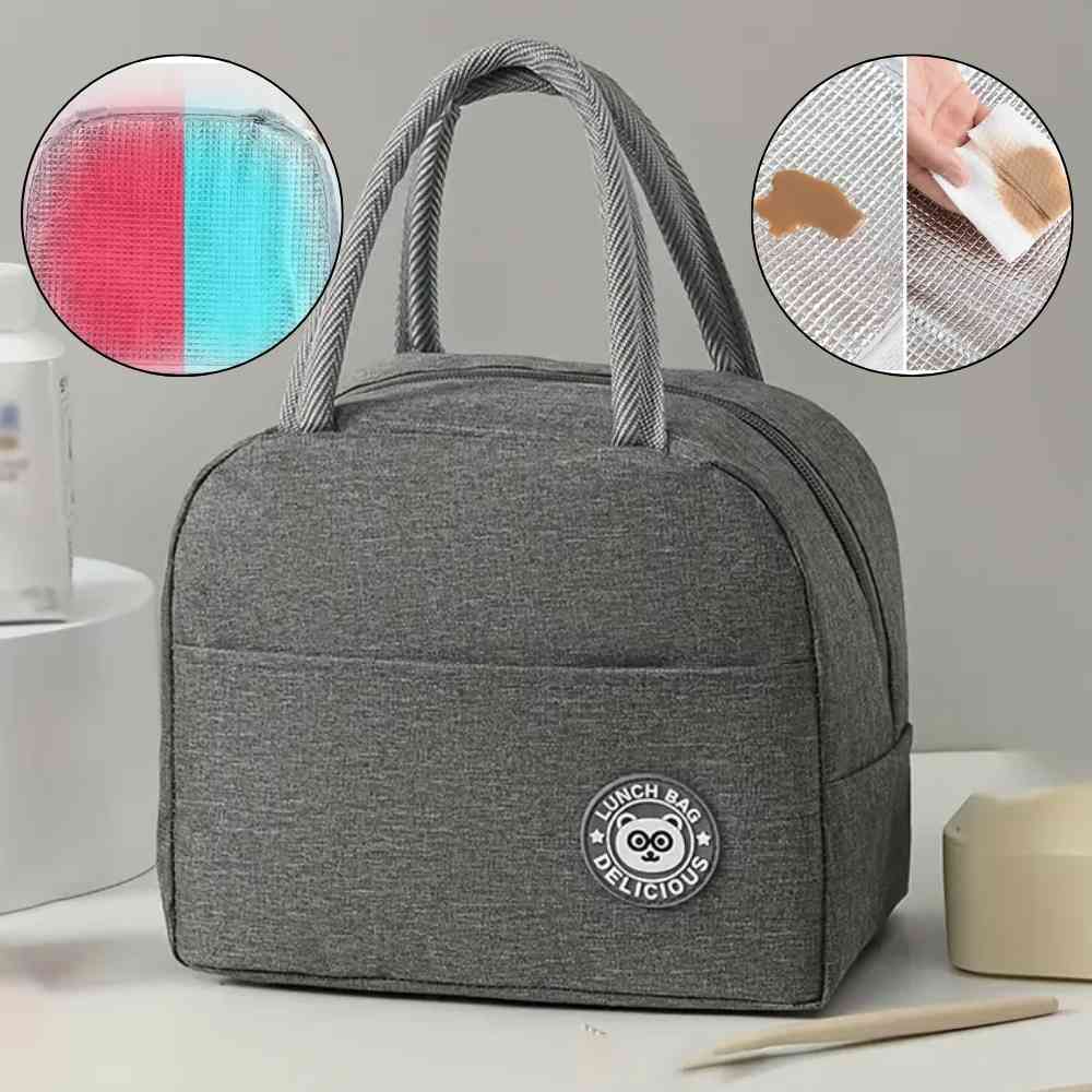 Bolsa Térmica para Marmitas e Dietas Urbanno cinza, mostrando detalhes do revestimento interno colorido, facilidade de limpeza e isolamento térmico