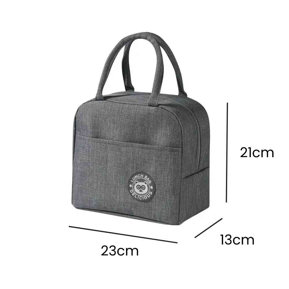 Bolsa Térmica para Marmitas e Dietas Urbanno cinza, exibindo suas dimensões de 23x13x21cm para refeições diárias