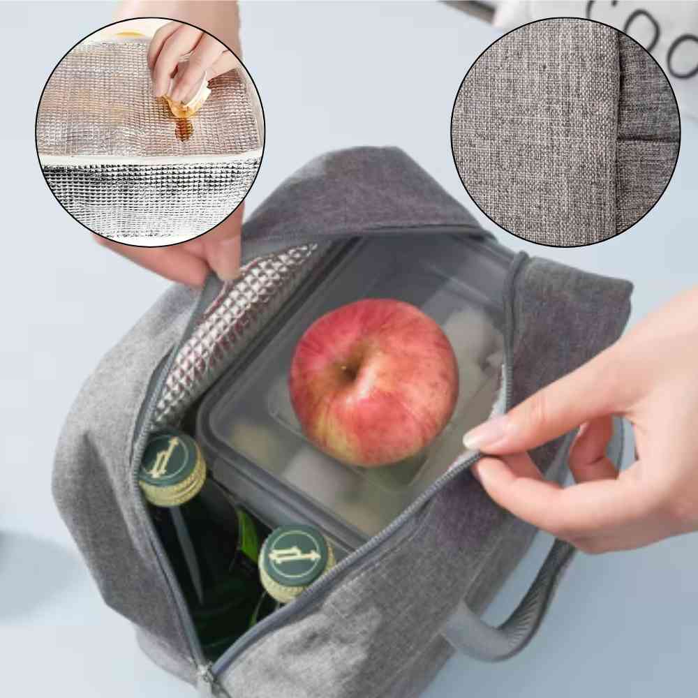 Bolsa Térmica para Marmitas e Dietas Urbanno cinza, vista superior mostrando interior com bebidas, fruta e pote de marmita, e detalhe da textura do tecido