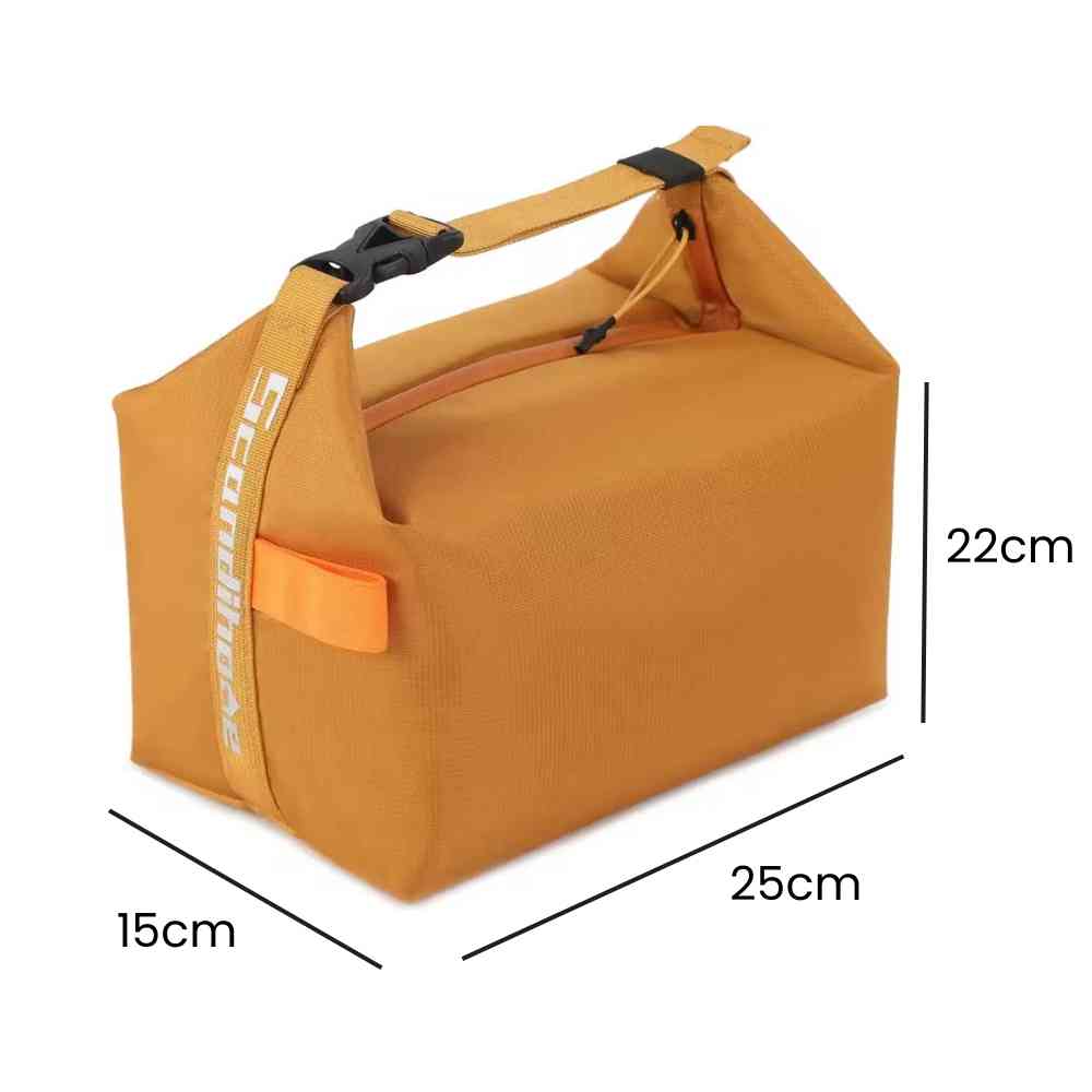 Bolsa Térmica Minimalista Urbanno laranja, exibindo suas dimensões de 25x15x22cm para transporte prático