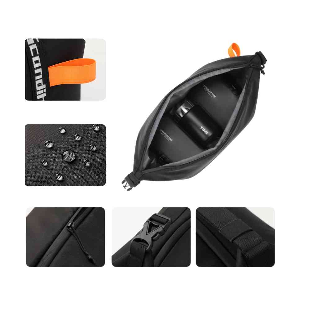 Bolsa Térmica Minimalista Urbanno preta, mostrando interior com garrafas, tecido impermeável e detalhes de alça e zíper