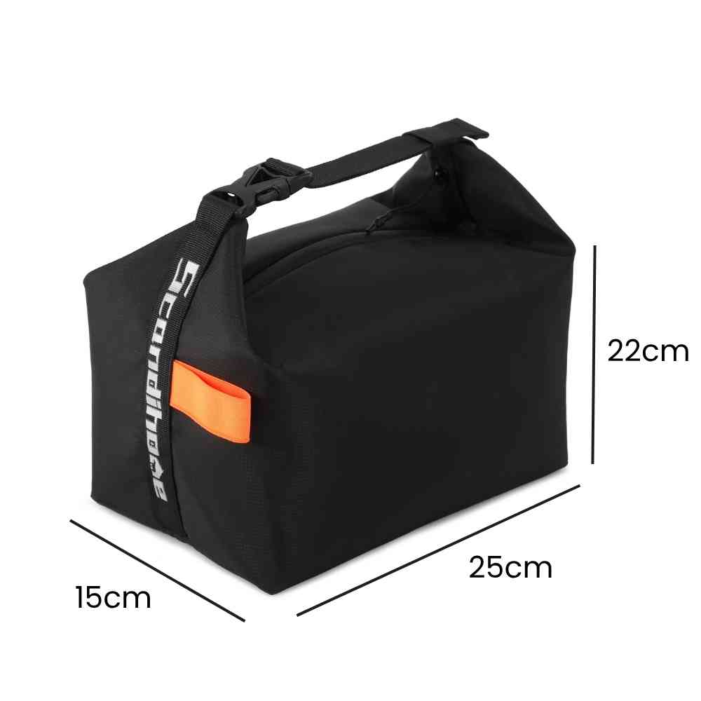 Bolsa Térmica Minimalista Urbanno preta, exibindo suas dimensões de 25x15x22cm para transporte prático