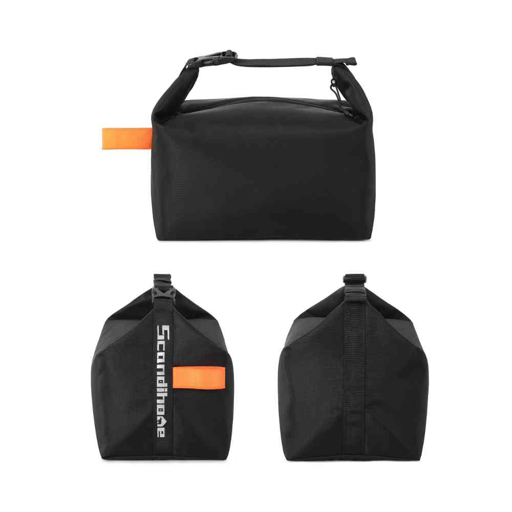 Bolsa Térmica Minimalista Urbanno preta, exibindo vistas frontal, lateral com logo e traseira, mostrando design compacto