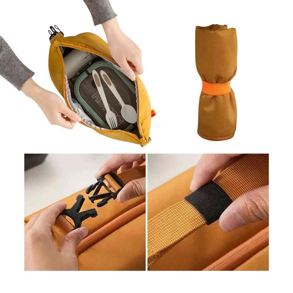 Bolsa Térmica Minimalista Urbanno laranja, mostrando interior com marmita e talheres, versão compacta enrolada e detalhes da fivela e alça