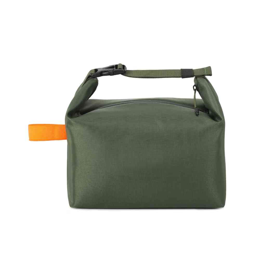 Bolsa Térmica Minimalista Urbanno verde, vista frontal, com alça dobrável e detalhe lateral laranja