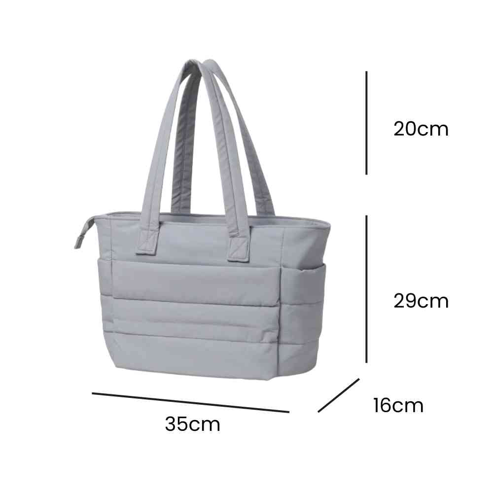 Bolsa Tote de Academia e Dia a Dia Feminina Acolchoada Urbanno cinza, exibindo suas dimensões de 49cm de altura (29cm corpo + 20cm alça), 35cm de comprimento e 16cm de largura
