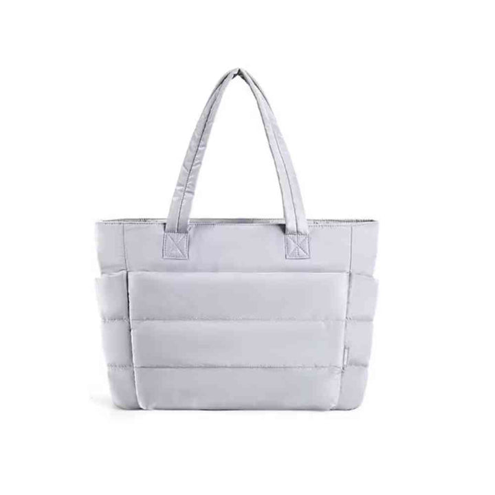 Bolsa Tote de Academia e Dia a Dia Feminina Acolchoada Urbanno cinza, vista frontal, com design macio e acolchoado e alças superiores