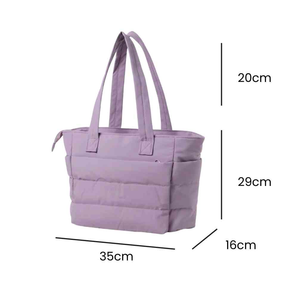 Bolsa Tote de Academia e Dia a Dia Feminina Acolchoada Urbanno lilás, exibindo suas dimensões de 49cm de altura (29cm corpo + 20cm alça), 35cm de comprimento e 16cm de largura