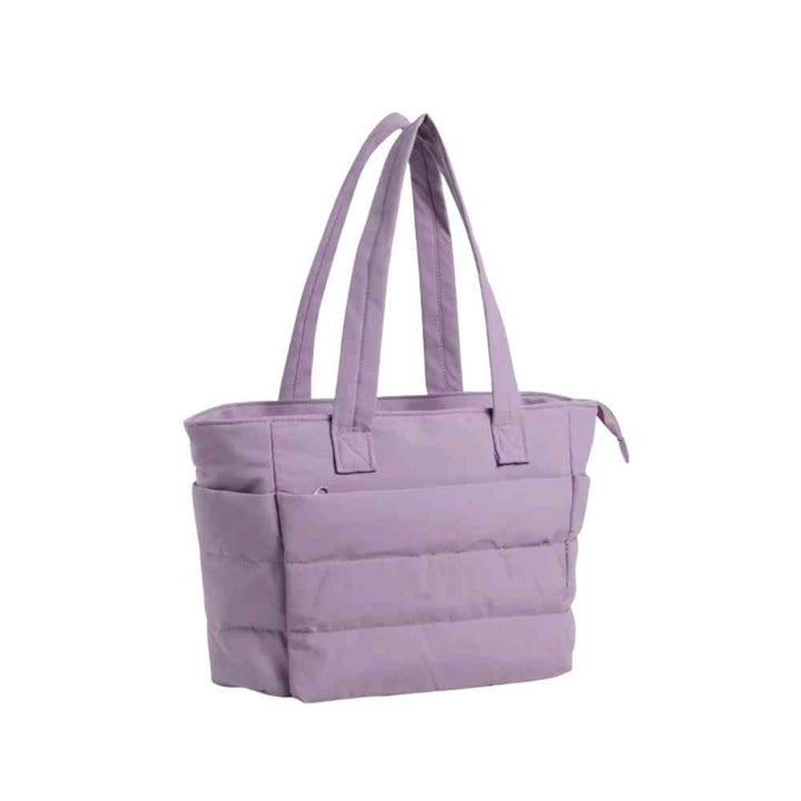 Bolsa Tote de Academia e Dia a Dia Feminina Acolchoada Urbanno lilás, vista frontal, com design macio e acolchoado e alças superiores