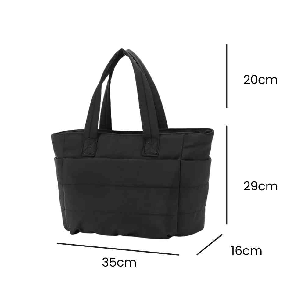  Bolsa Tote de Academia e Dia a Dia Feminina Acolchoada Urbanno preta, exibindo suas dimensões de 49cm de altura (29cm corpo + 20cm alça), 35cm de comprimento e 16cm de largura