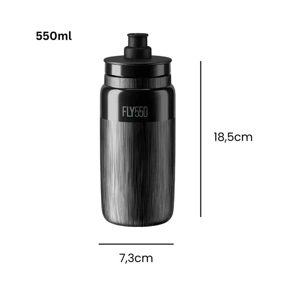 Caramanhola de Ciclismo Ultraleve FLY550 550ml Urbanno preta, exibindo suas dimensões de 18,5cm de altura e 7,3cm de diâmetro