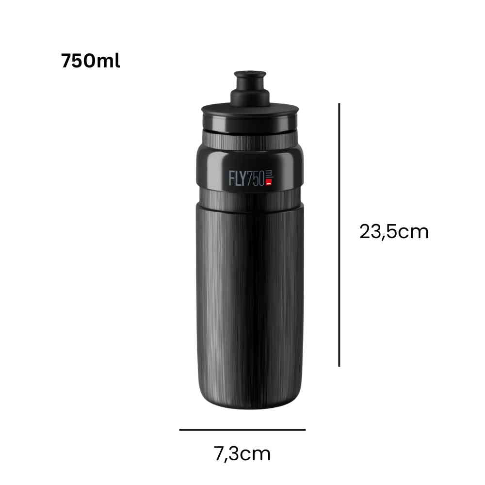 Caramanhola de Ciclismo Ultraleve FLY750 750ml Urbanno preta, exibindo suas dimensões de 23,5cm de altura e 7,3cm de diâmetro