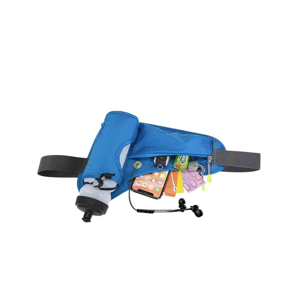 Cinto de Hidratação Pochete para Corrida Shunmaii azul, aberto mostrando seu interior com celular, fone de ouvido, chaves e dinheiro, destacando a organização e praticidade urbanno