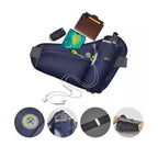 Cinto de Hidratação Pochete para Corrida Shunmaii azul escuro, aberto com celular, carteira, chaves e fones, mostrando detalhes do material, encaixe da garrafa, faixa refletiva e fivela de ajuste, destacando organização e funcionalidade urbanno