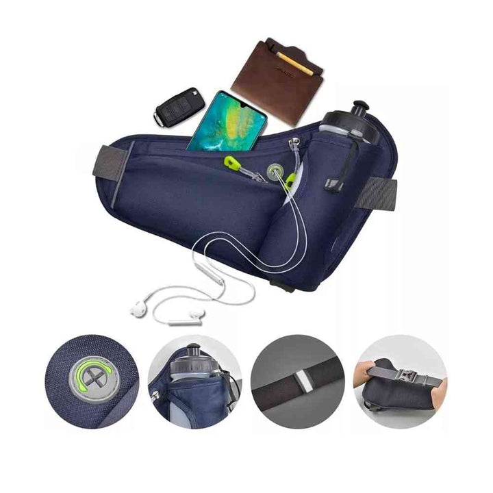 Cinto de Hidratação Pochete para Corrida Shunmaii azul escuro, aberto com celular, carteira, chaves e fones, mostrando detalhes do material, encaixe da garrafa, faixa refletiva e fivela de ajuste, destacando organização e funcionalidade urbanno