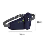 Cinto de Hidratação Pochete para Corrida Shunmaii azul escuro, exibindo suas dimensões de 30cm de comprimento e 22cm de altura, ideal para corredores urbanno