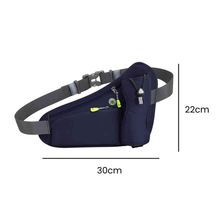 Cinto de Hidratação Pochete para Corrida Shunmaii azul escuro, exibindo suas dimensões de 30cm de comprimento e 22cm de altura, ideal para corredores urbanno