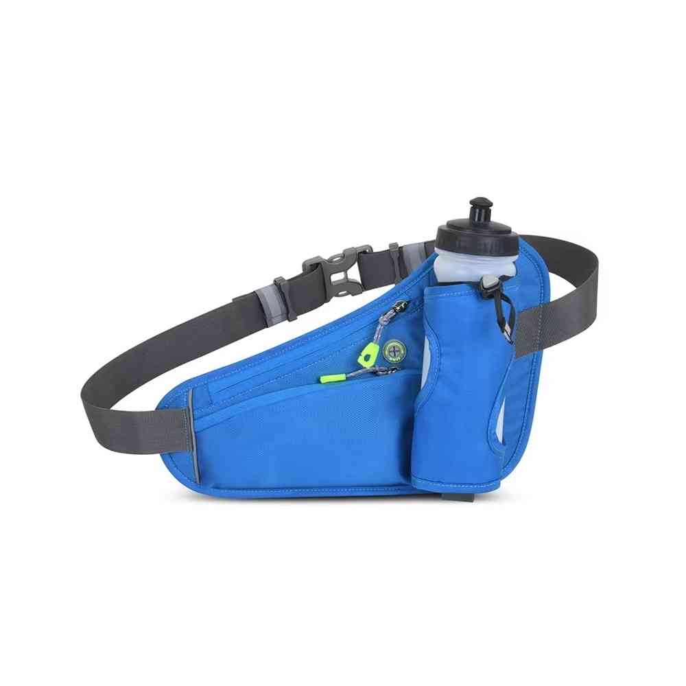 Cinto de Hidratação Pochete para Corrida Shunmaii azul, vista frontal com garrafa branca, detalhes em cinza e zíperes coloridos, ideal para atletas urbanno